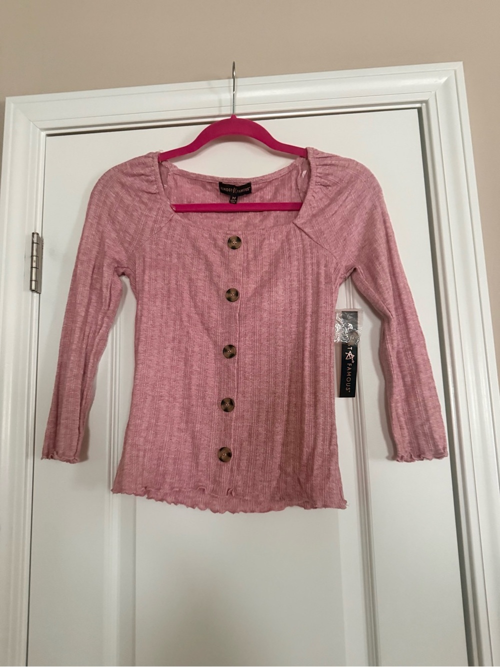 Love Tree Rose Pink Ribbed Button-Front Long Sleeve Top